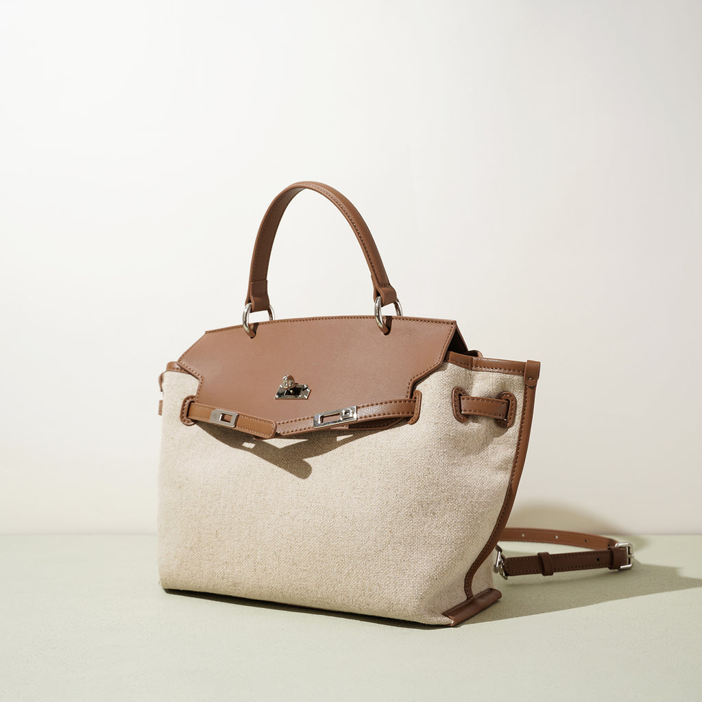 Linen and Leather Splicing Satchel Bag