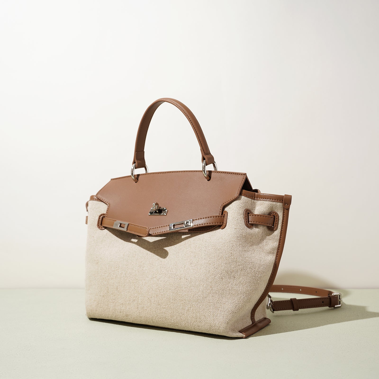 Linen and Leather Splicing Satchel Bag