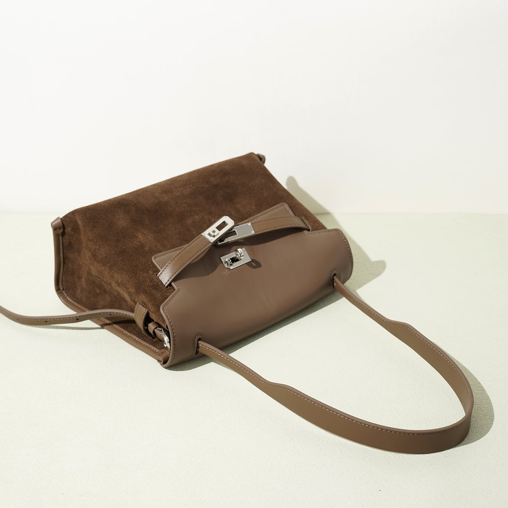 Leather and Suede Mixed Boston Handbag