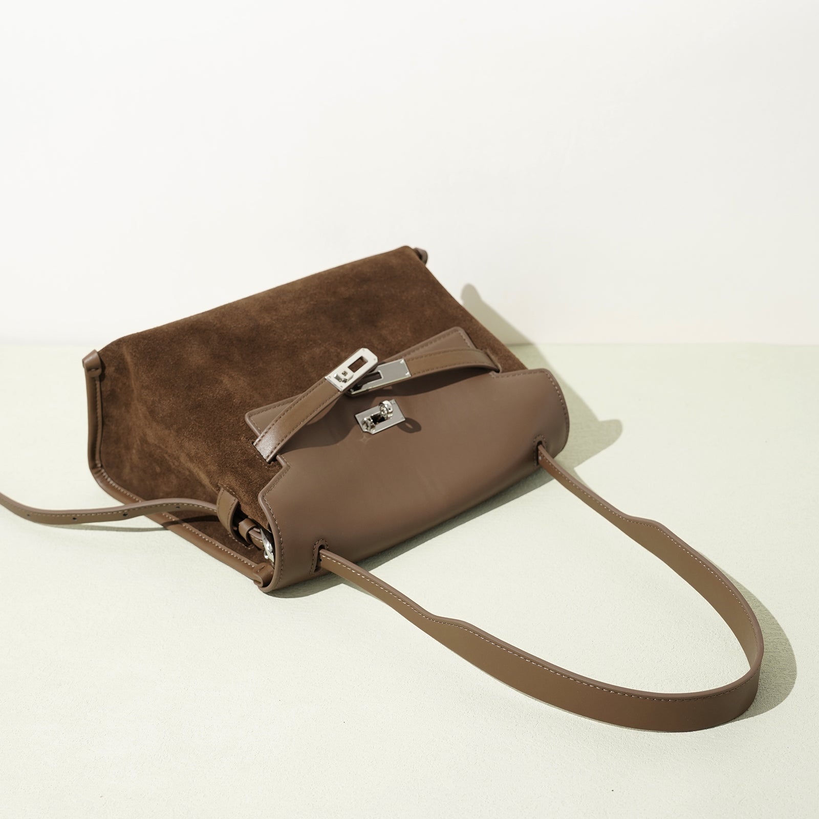 Leather and Suede Mixed Boston Handbag
