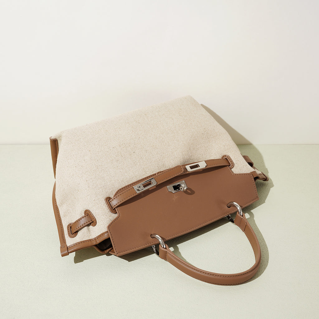 Linen and Leather Splicing Satchel Bag