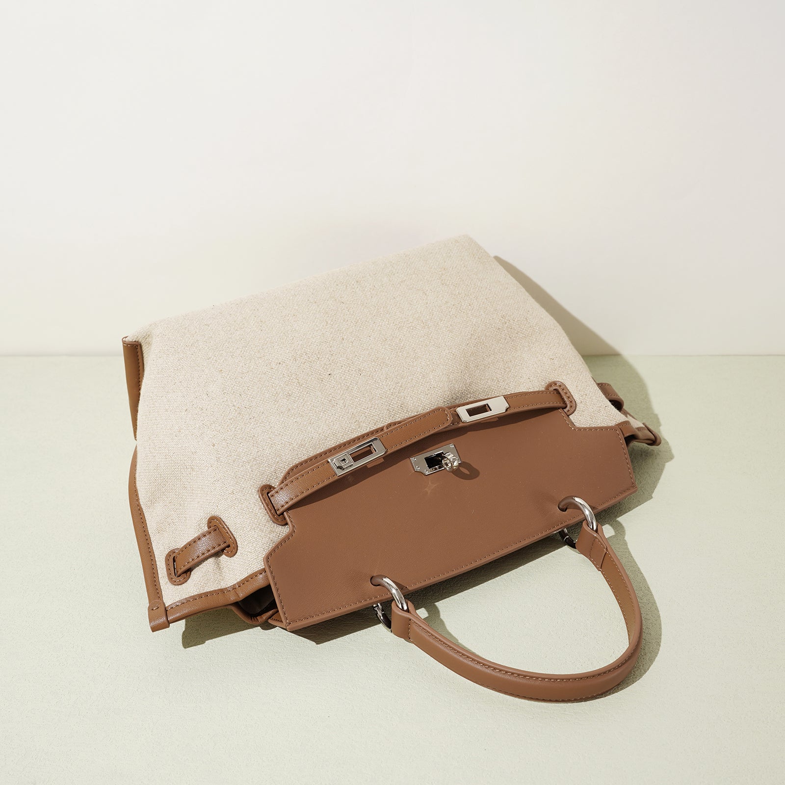 Linen and Leather Splicing Satchel Bag