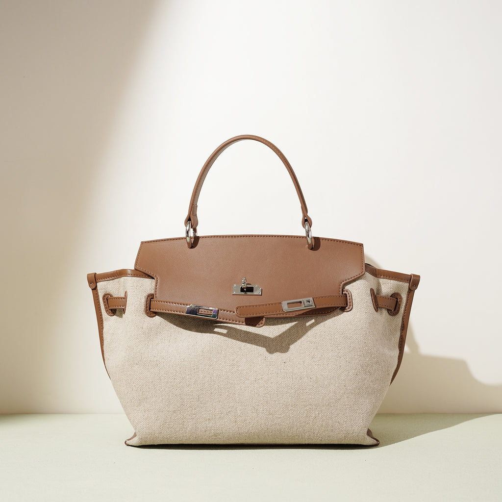 Linen and Leather Splicing Satchel Bag