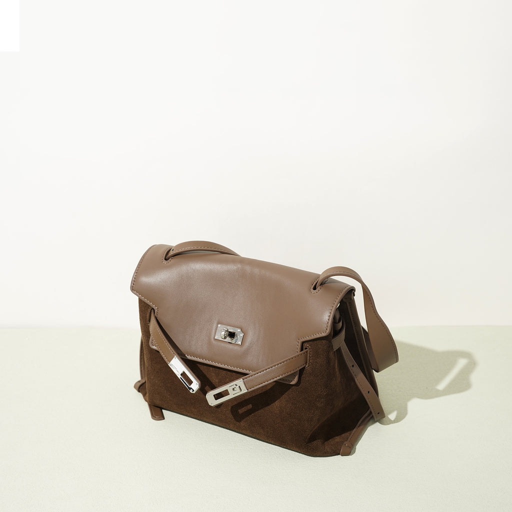 Leather and Suede Mixed Boston Handbag