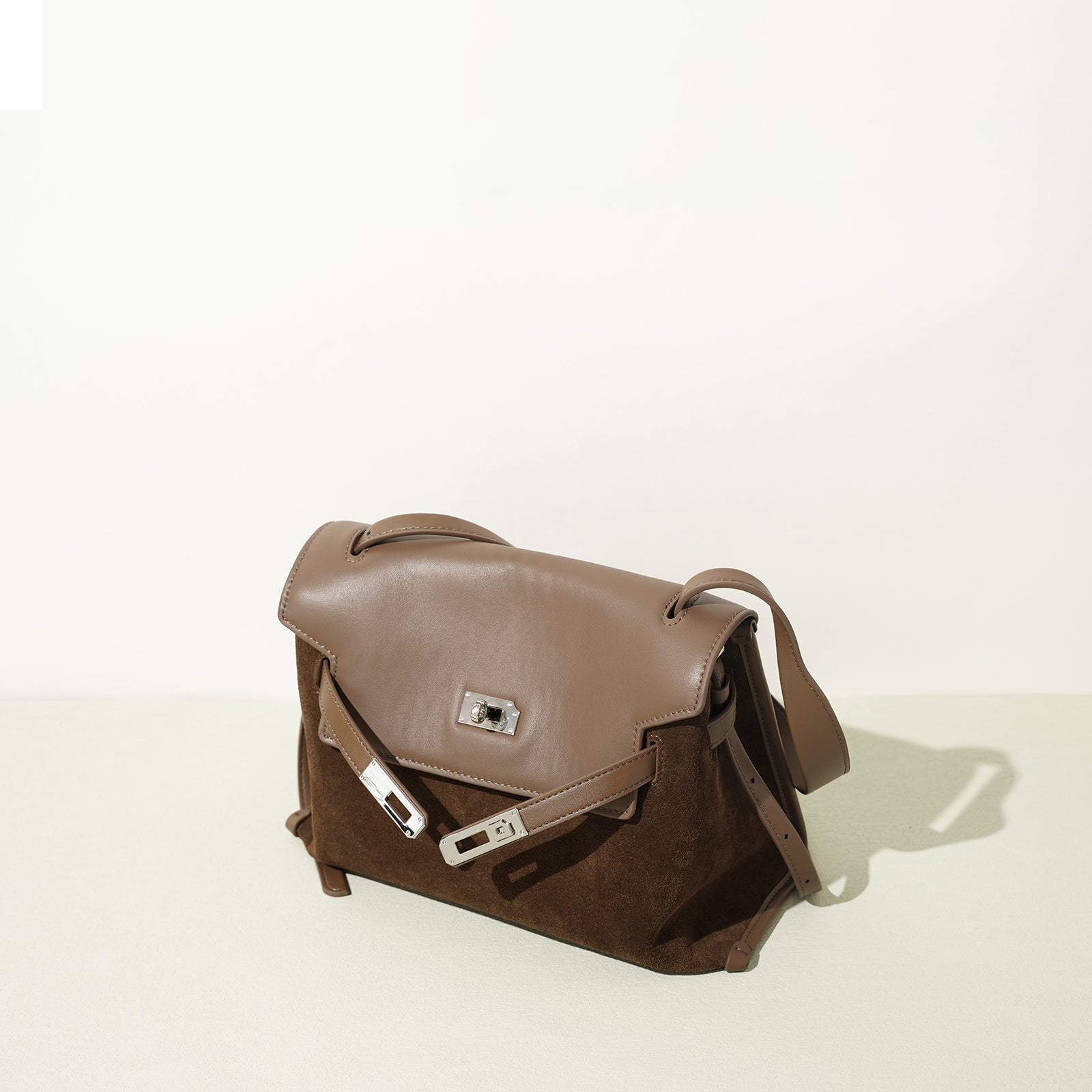 Leather and Suede Mixed Boston Handbag