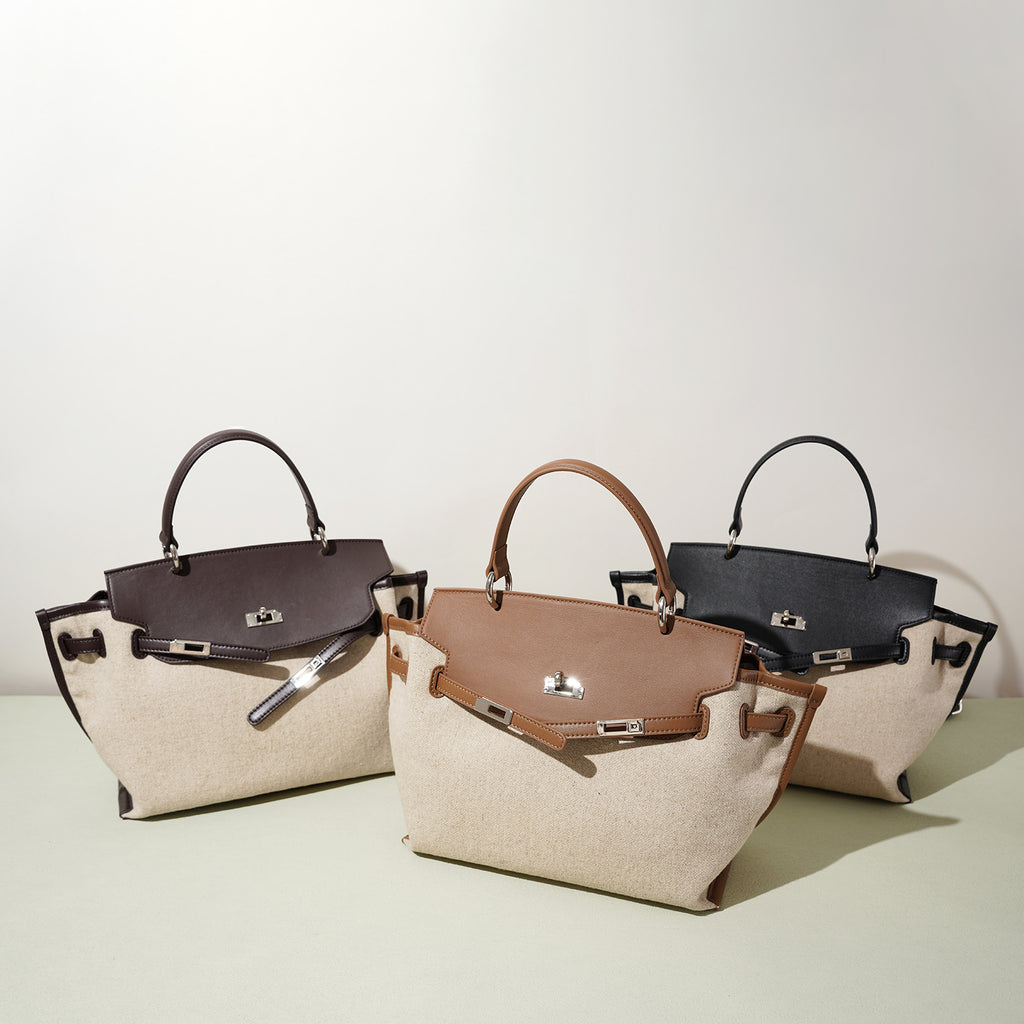 Linen and Leather Splicing Satchel Bag