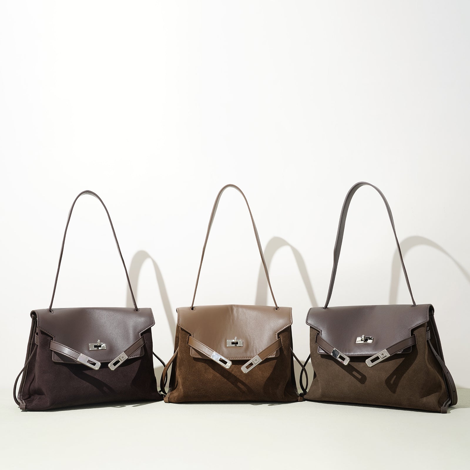 Leather and Suede Mixed Boston Handbag