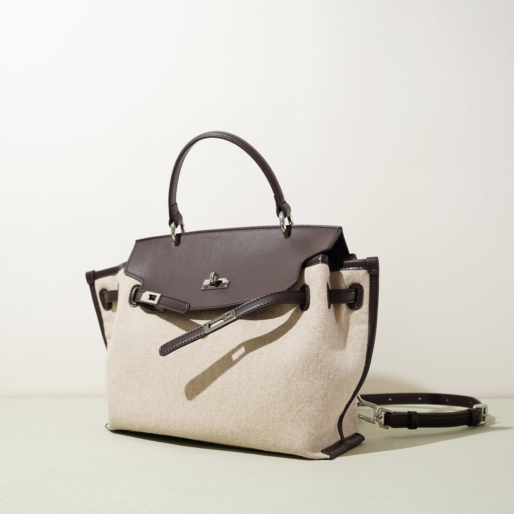 Linen and Leather Splicing Satchel Bag