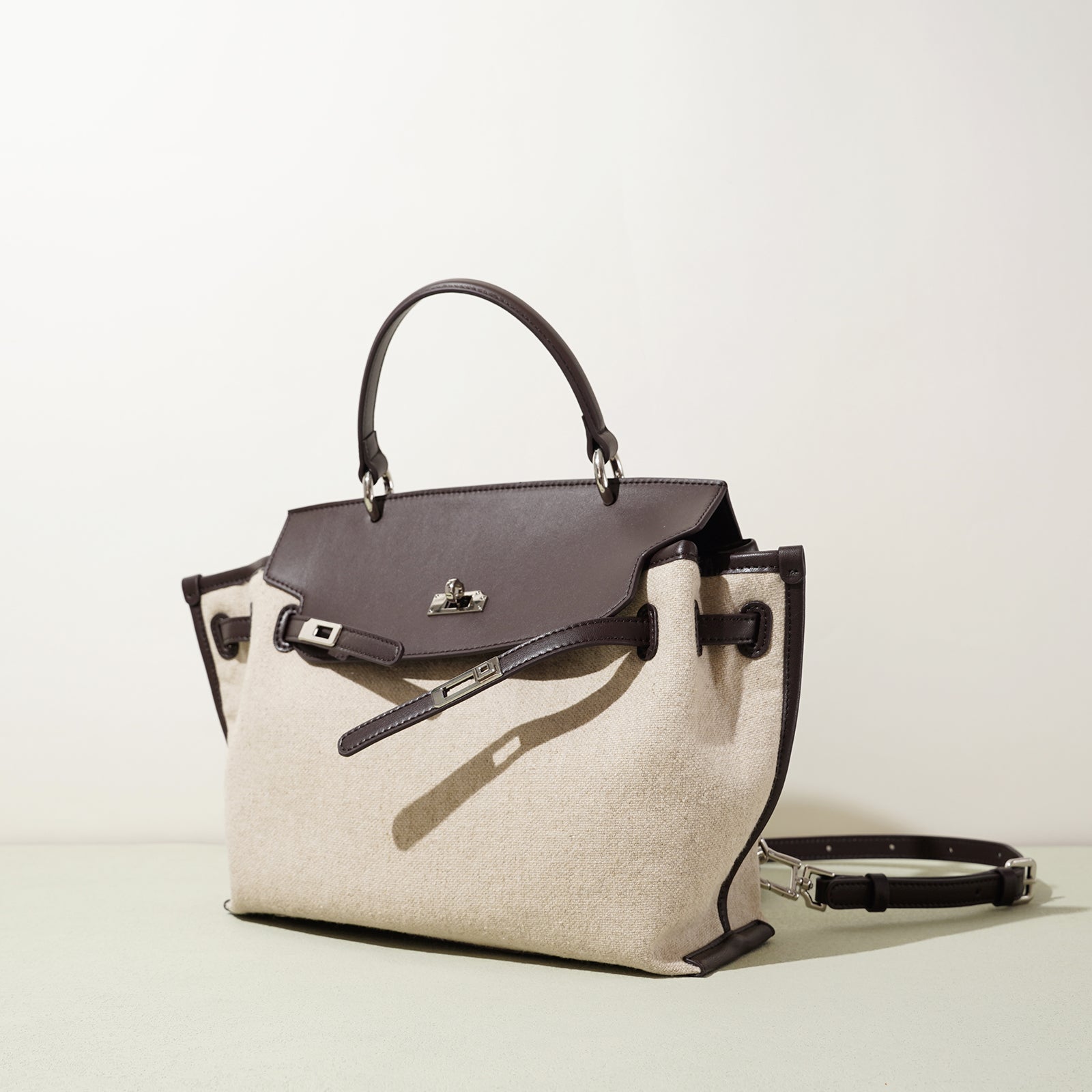 Linen and Leather Splicing Satchel Bag
