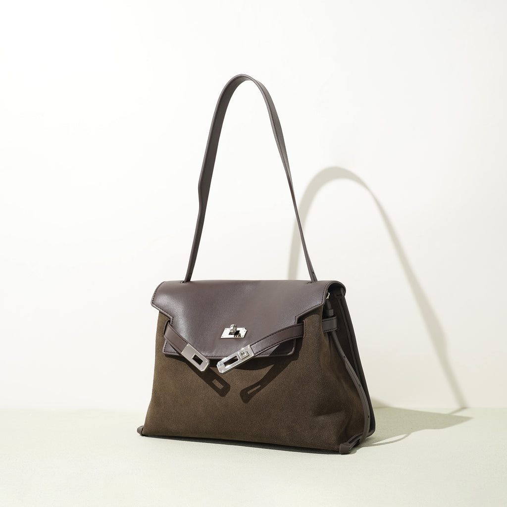 Leather and Suede Mixed Boston Handbag