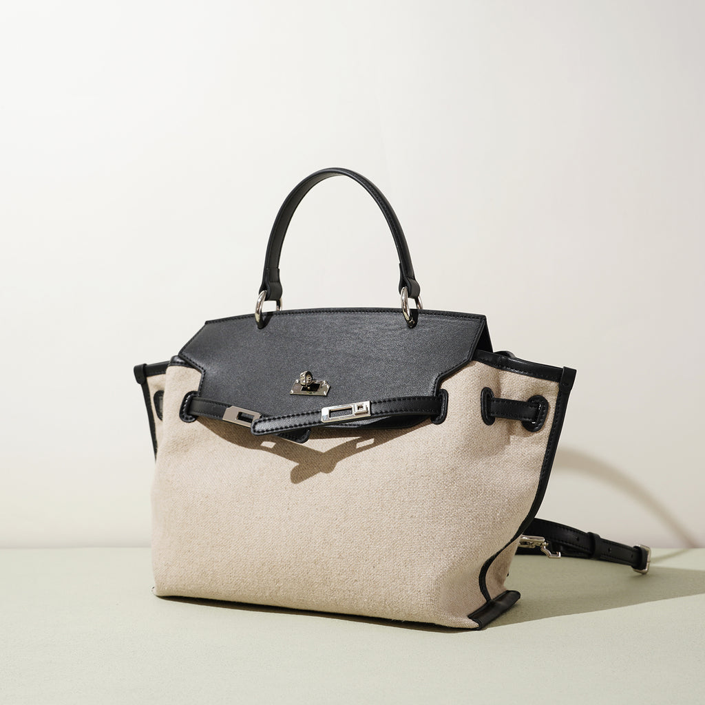 Linen and Leather Splicing Satchel Bag