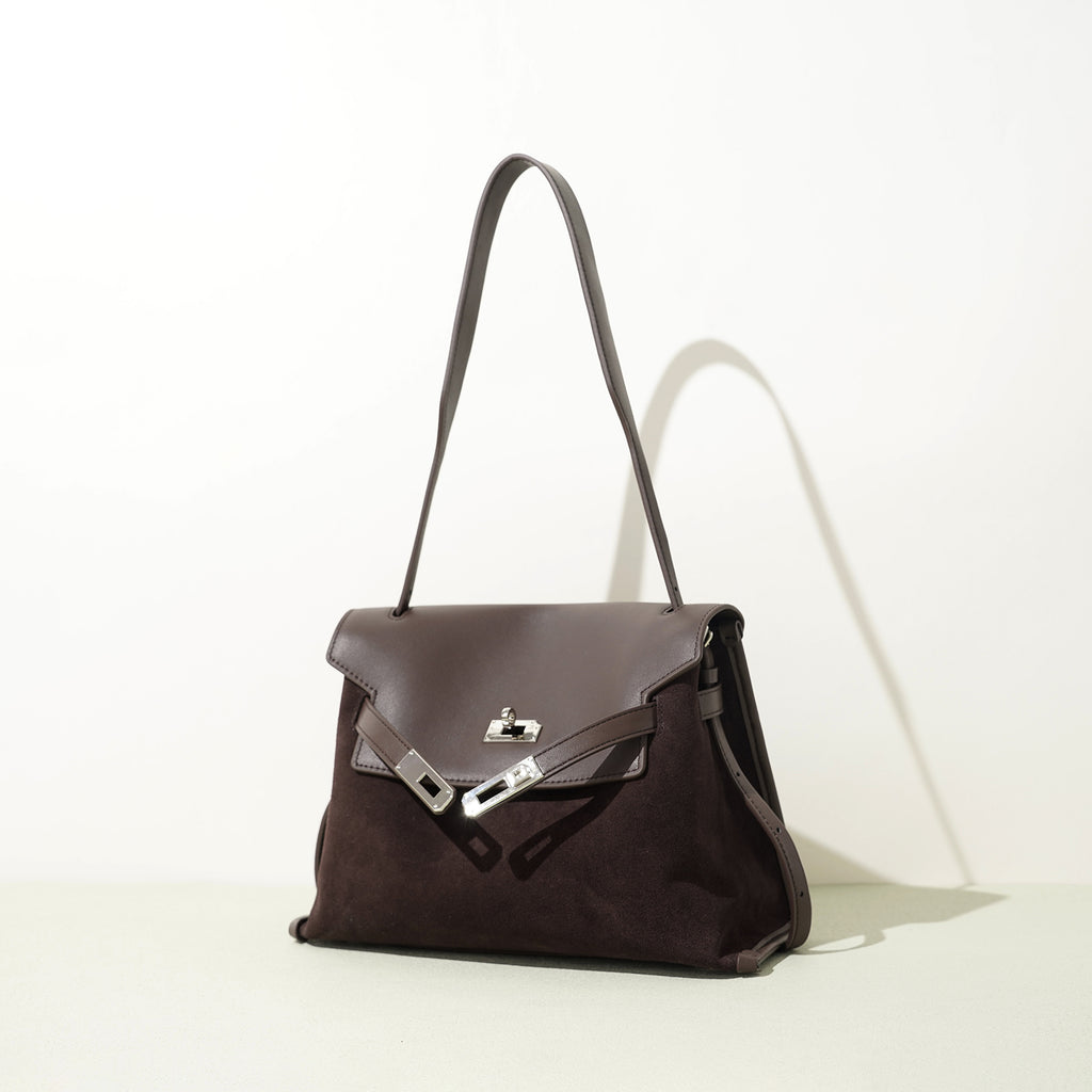 Leather and Suede Mixed Boston Handbag