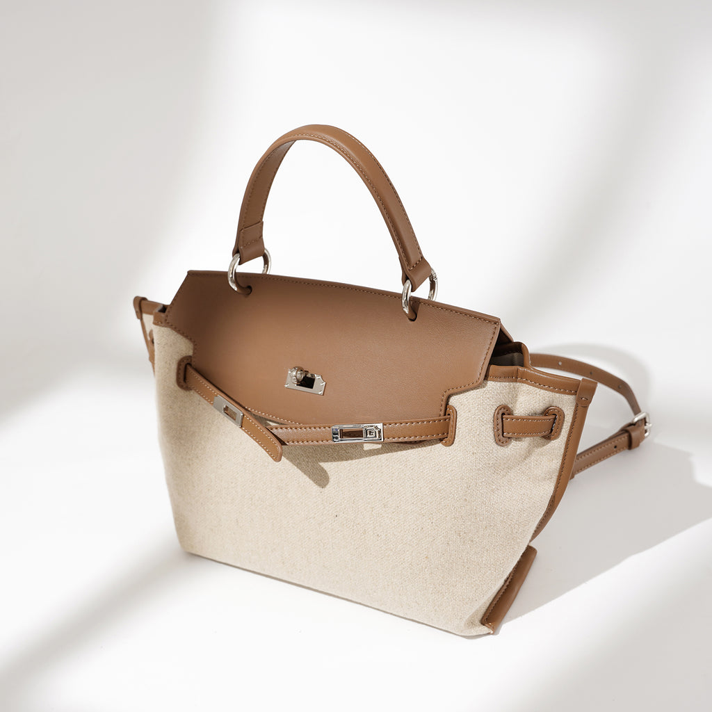 Linen and Leather Splicing Satchel Bag