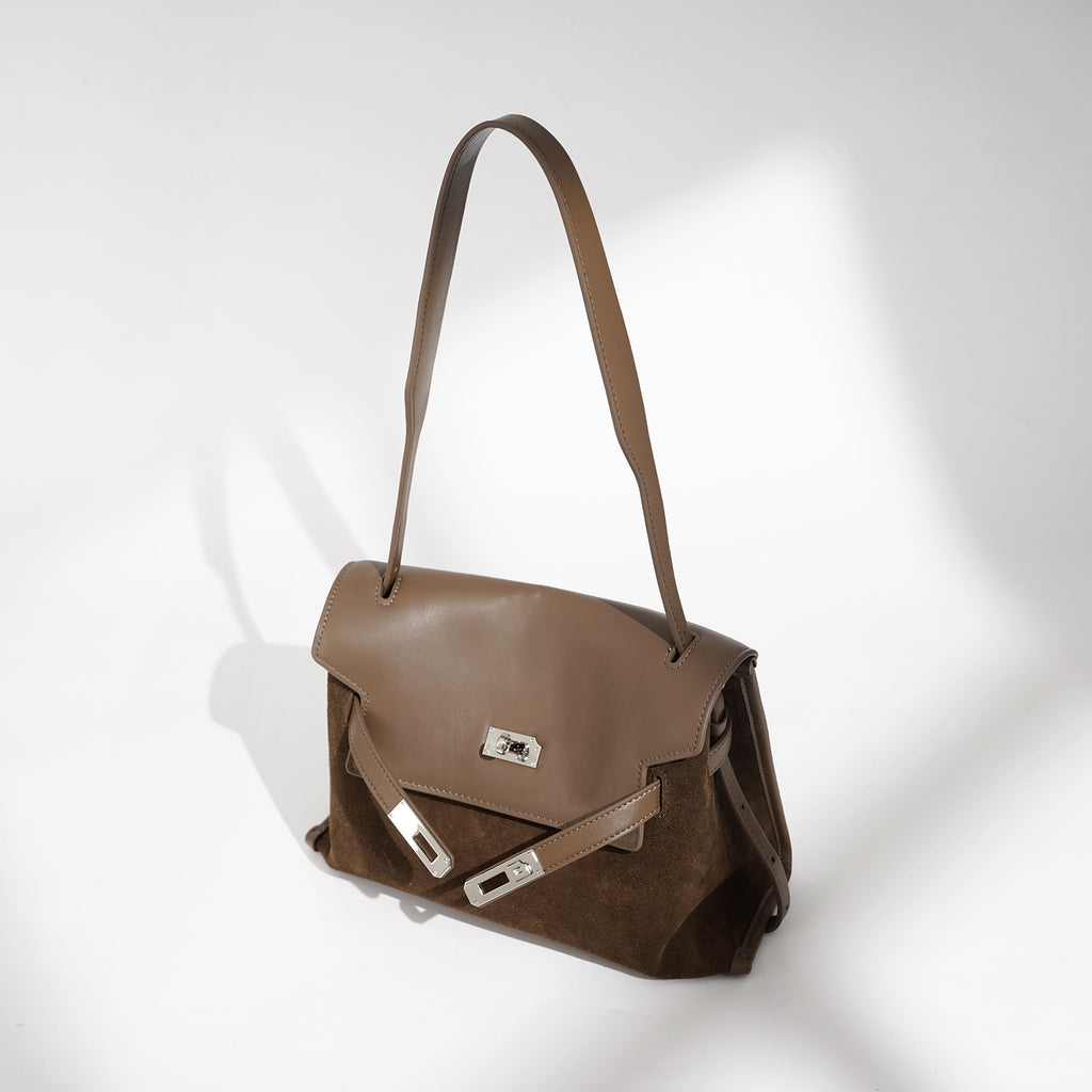 Leather and Suede Mixed Boston Handbag