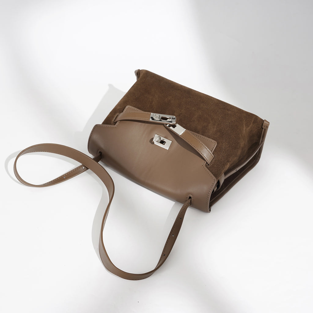 Leather and Suede Mixed Boston Handbag
