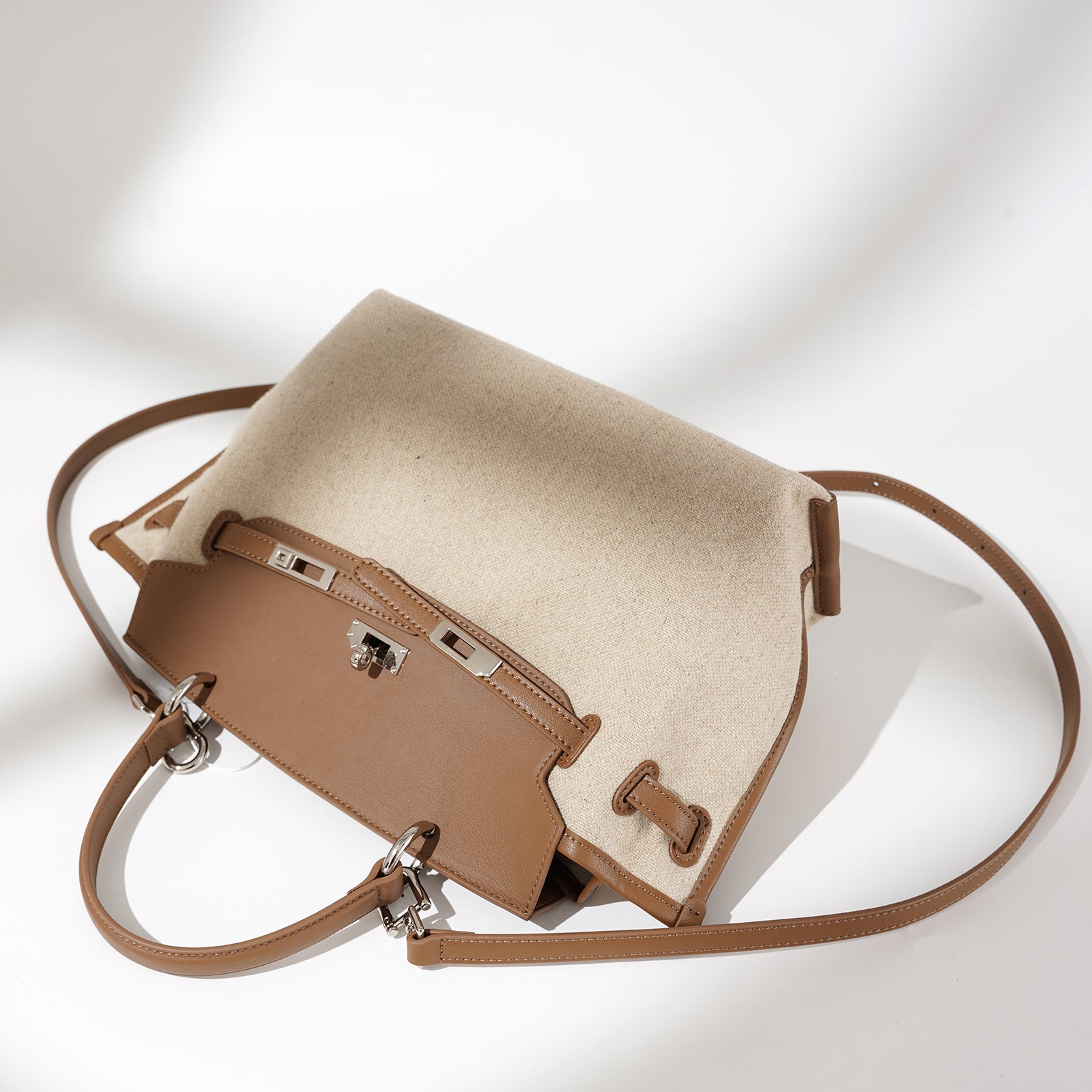 Linen and Leather Splicing Satchel Bag