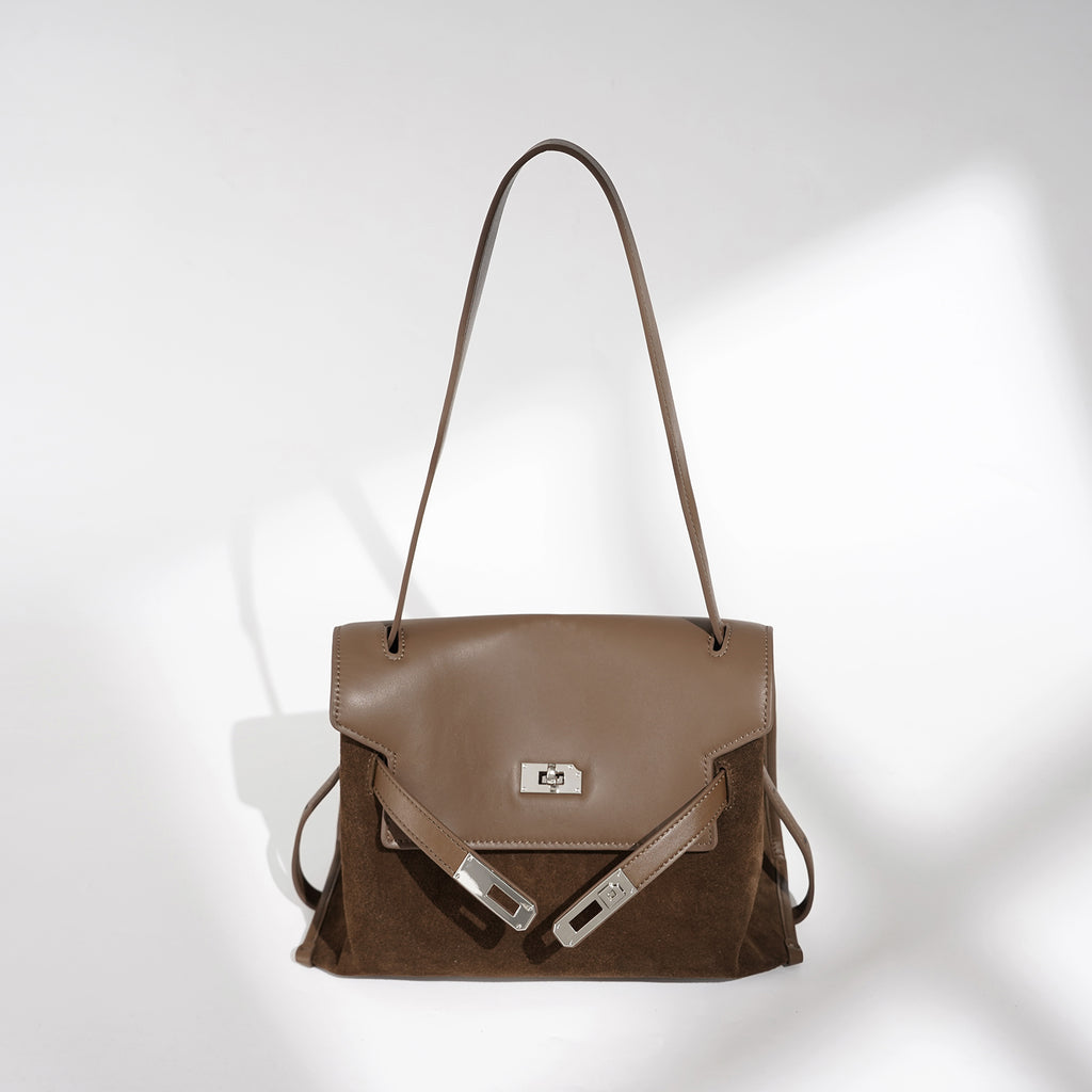 Leather and Suede Mixed Boston Handbag