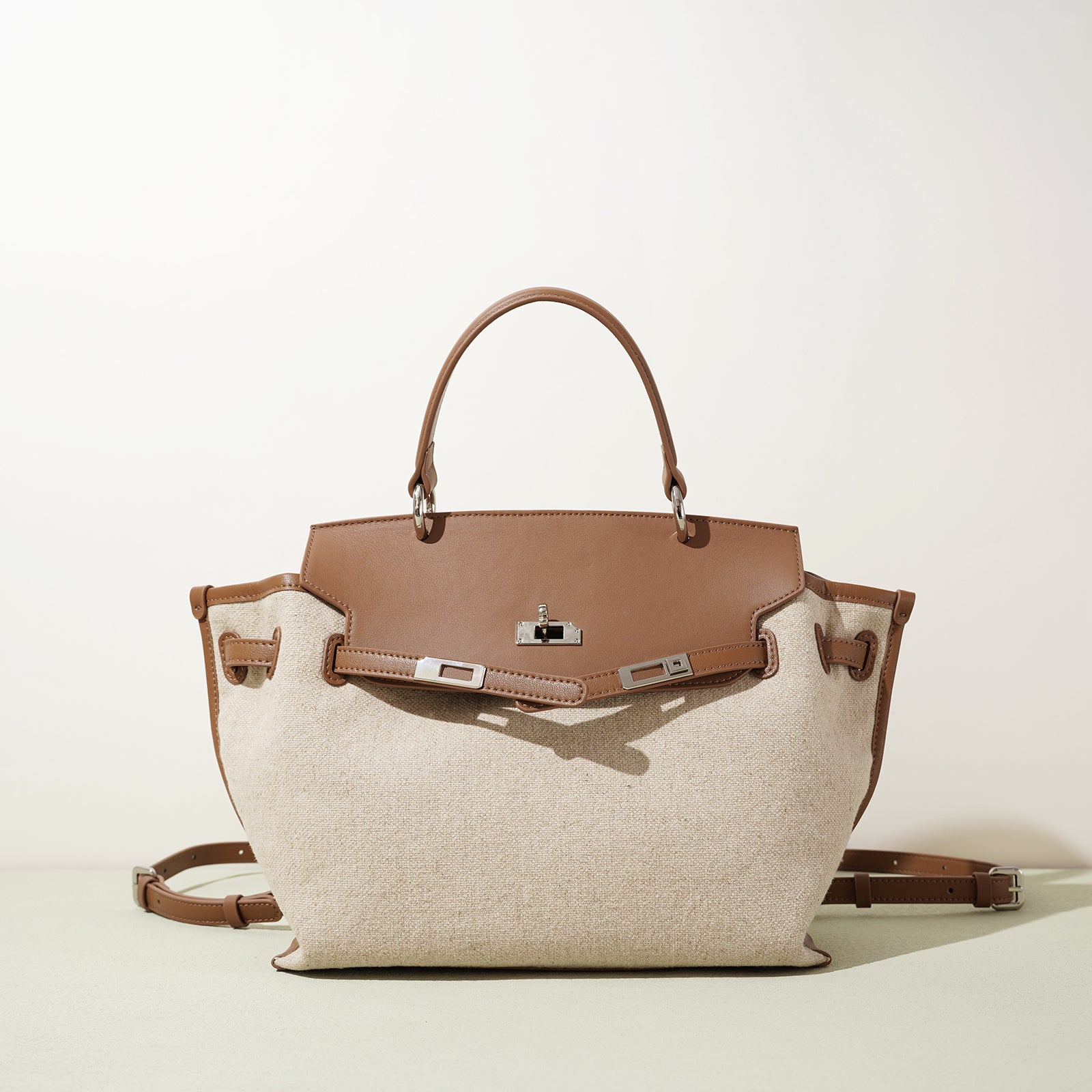 Linen and Leather Splicing Satchel Bag