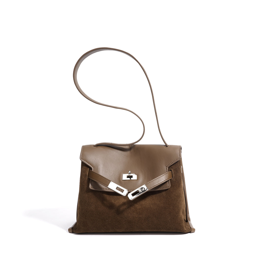 Leather and Suede Mixed Boston Handbag