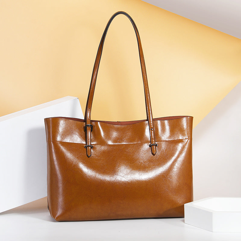 Structured Waxed Leather Work Tote Bag