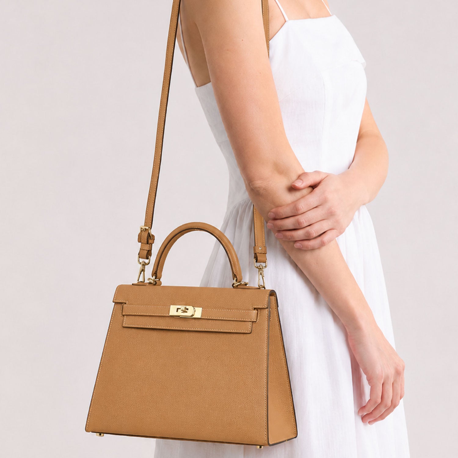 Biscuit Gold-Lock Top Handle Bag