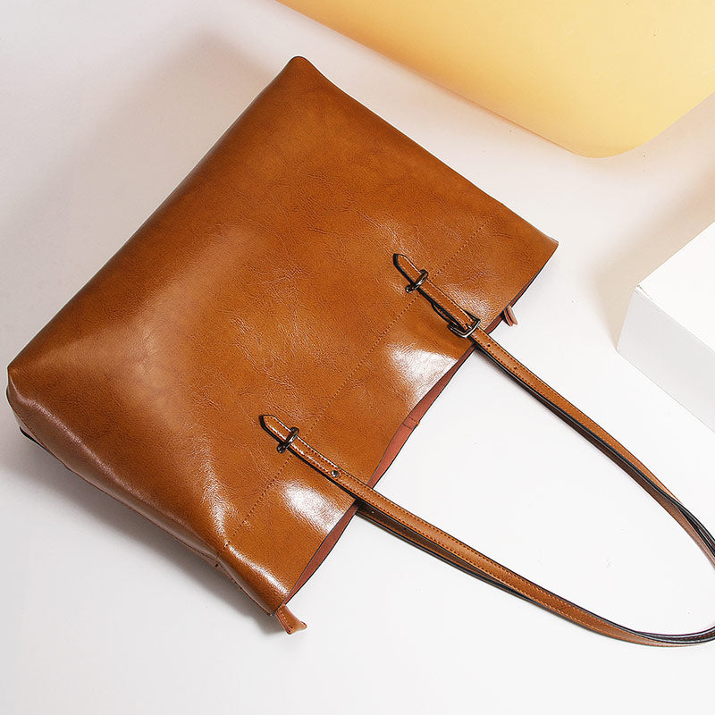 Structured Waxed Leather Work Tote Bag