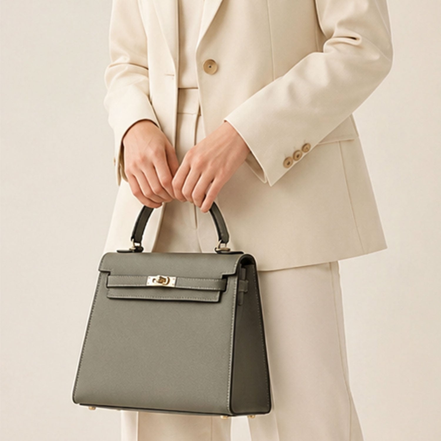 Stone Grey Lock Top Handle Bag