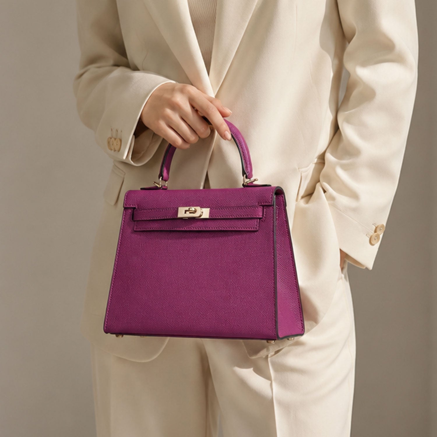 Magenta Lock Top Handle Satchel Bag