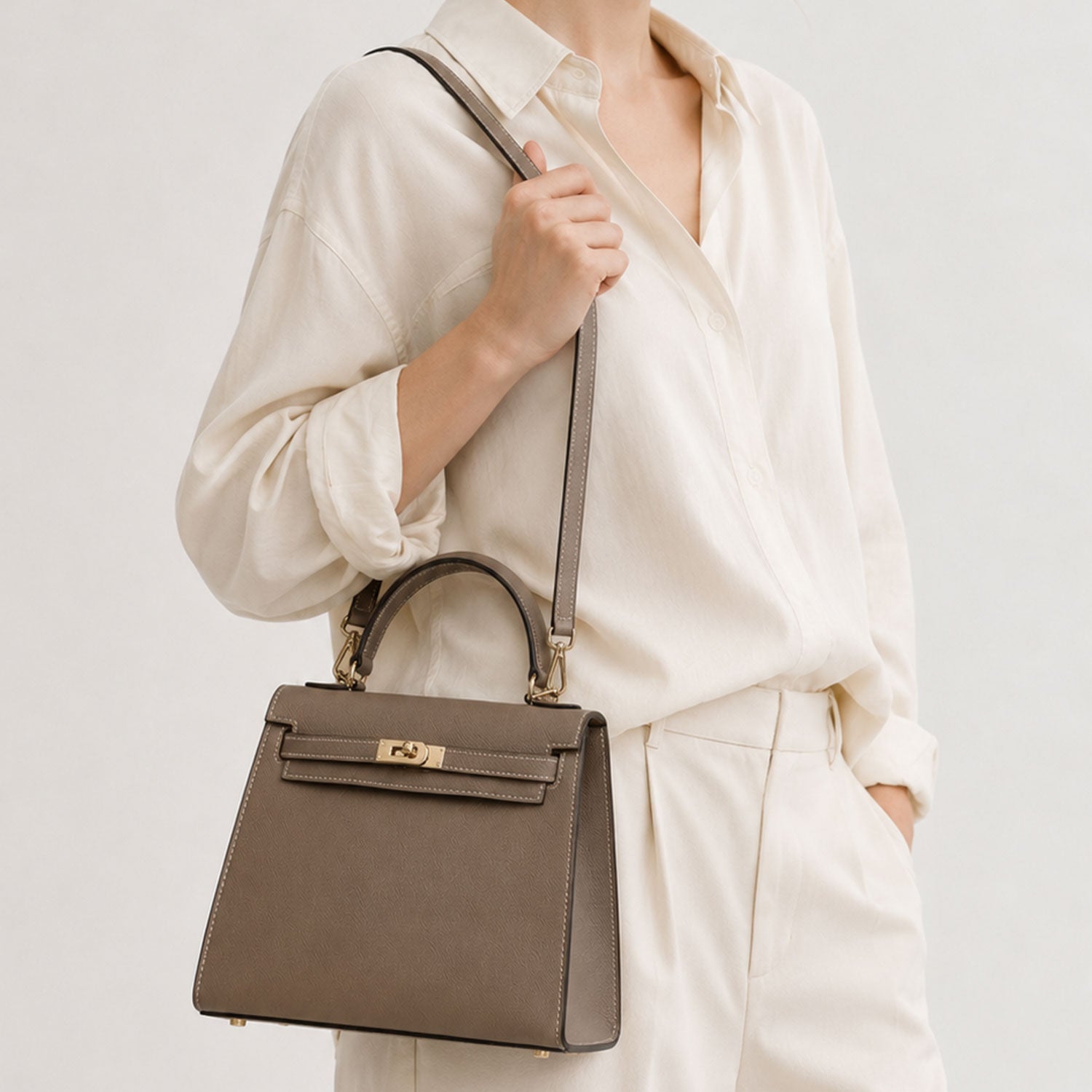 Taupe Lock Structured Top Handle Bag