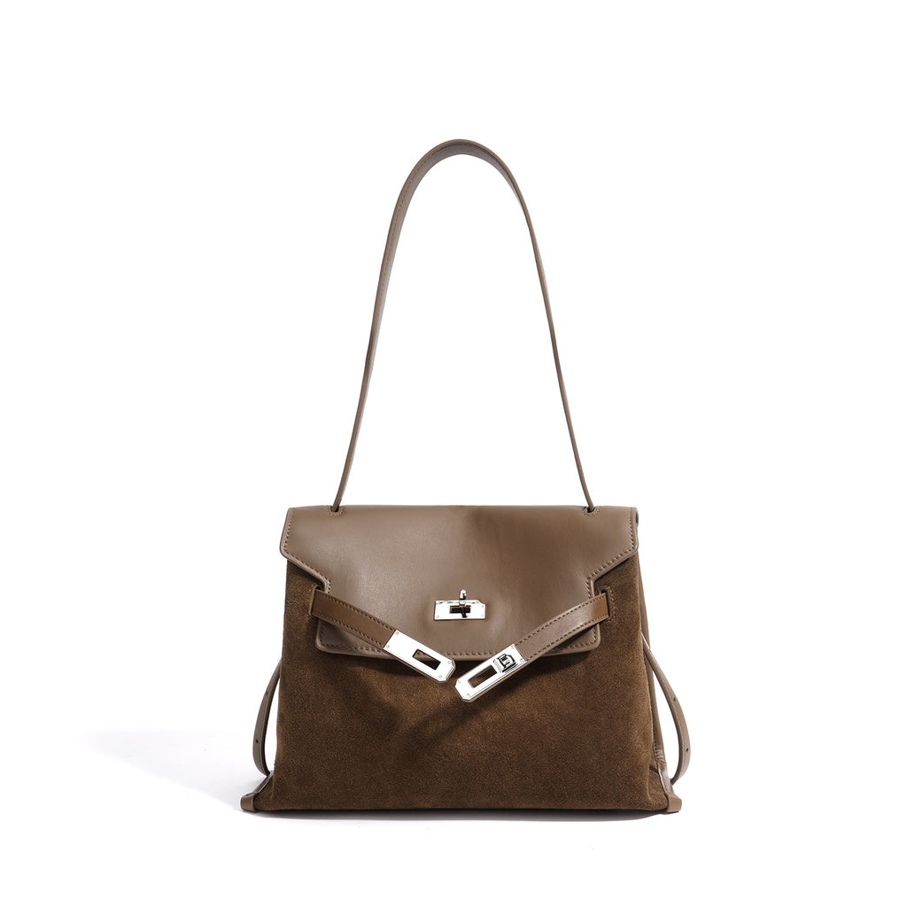 Leather and Suede Mixed Boston Handbag