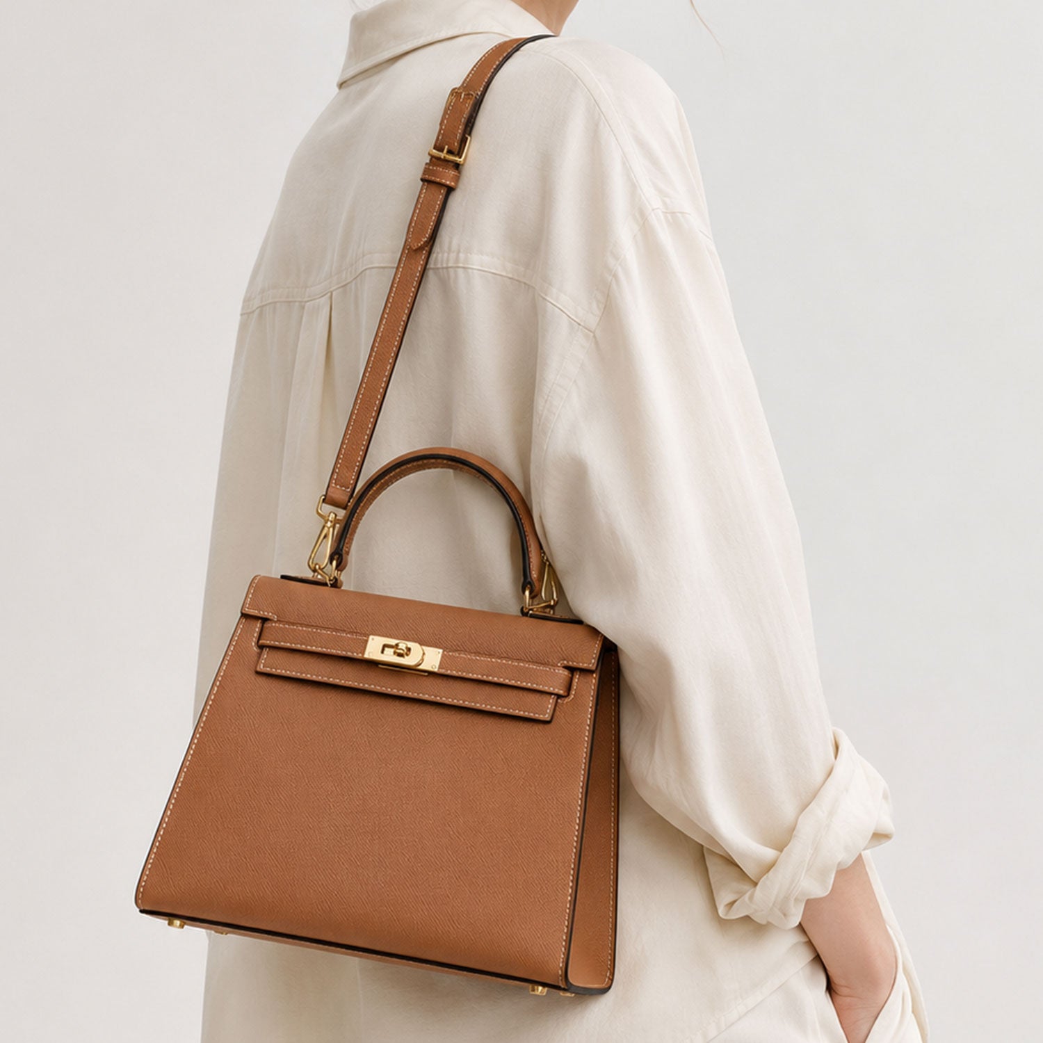 Cognac Lock Top Handle Bag