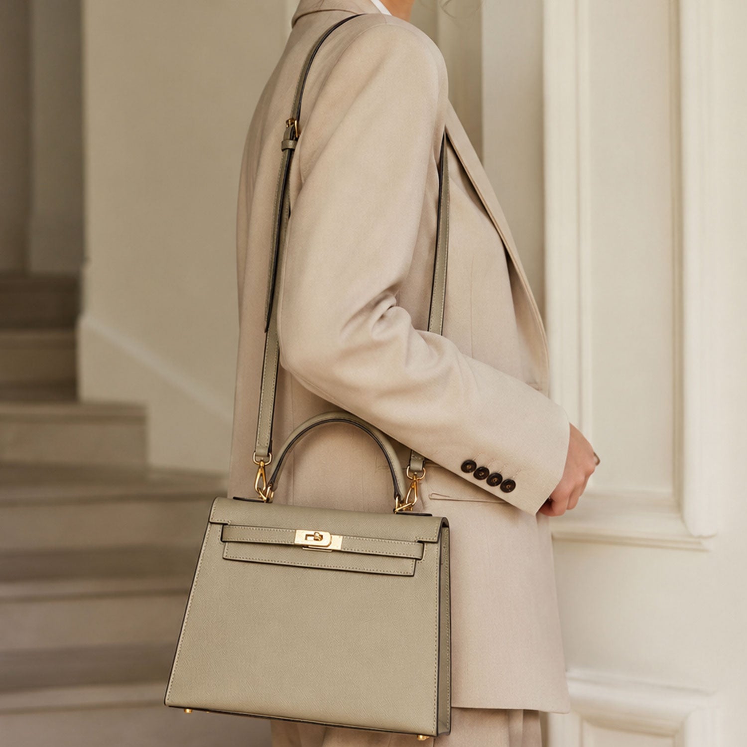 Taupe Lock Top Handle Bag