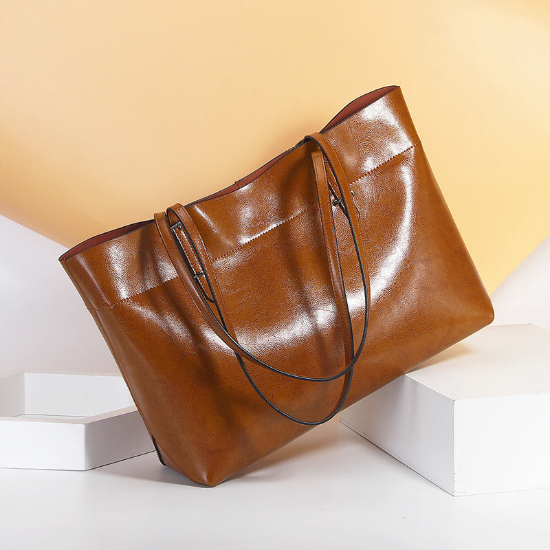 Structured Waxed Leather Work Tote Bag