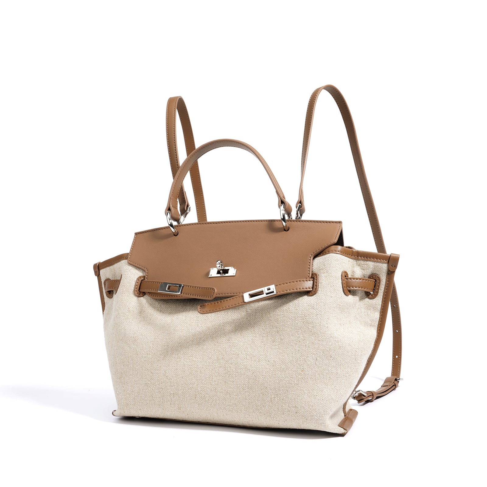 Linen and Leather Splicing Satchel Bag