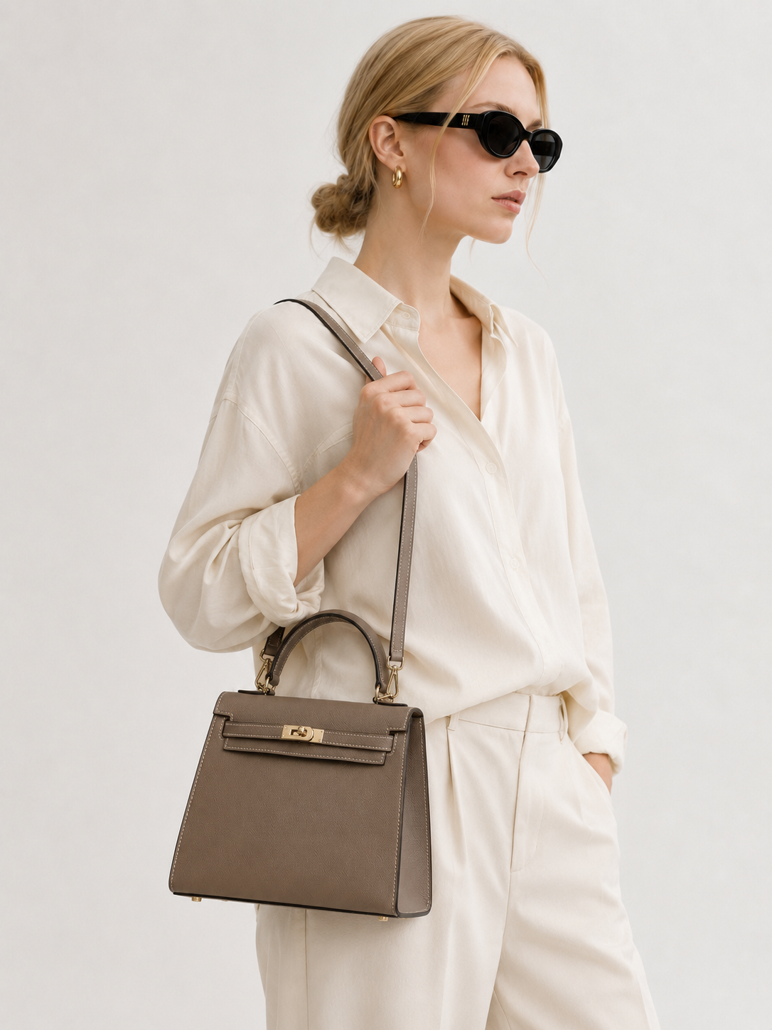 Taupe Lock Structured Top Handle Bag outfit scenario