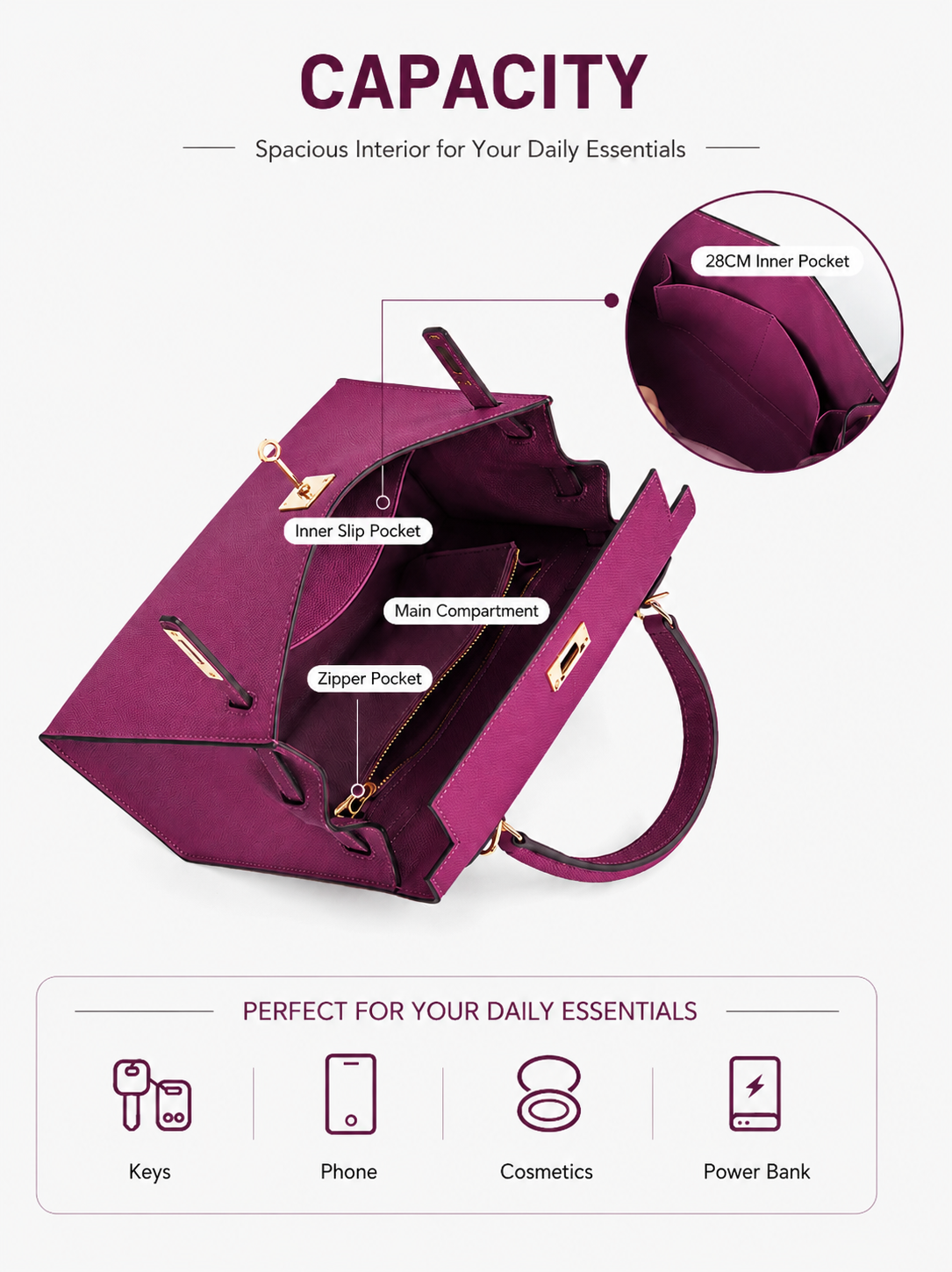Magenta Lock Top Handle Satchel Bag outfit scenario
