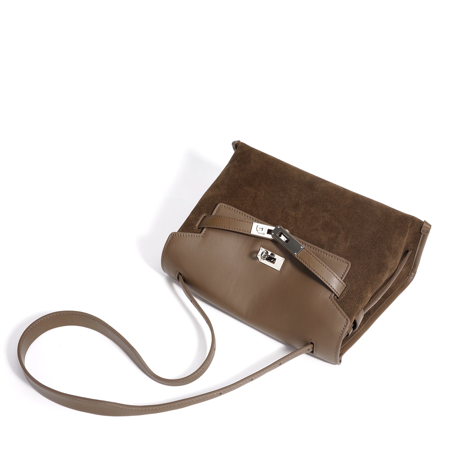 Leather and Suede Mixed Boston Handbag