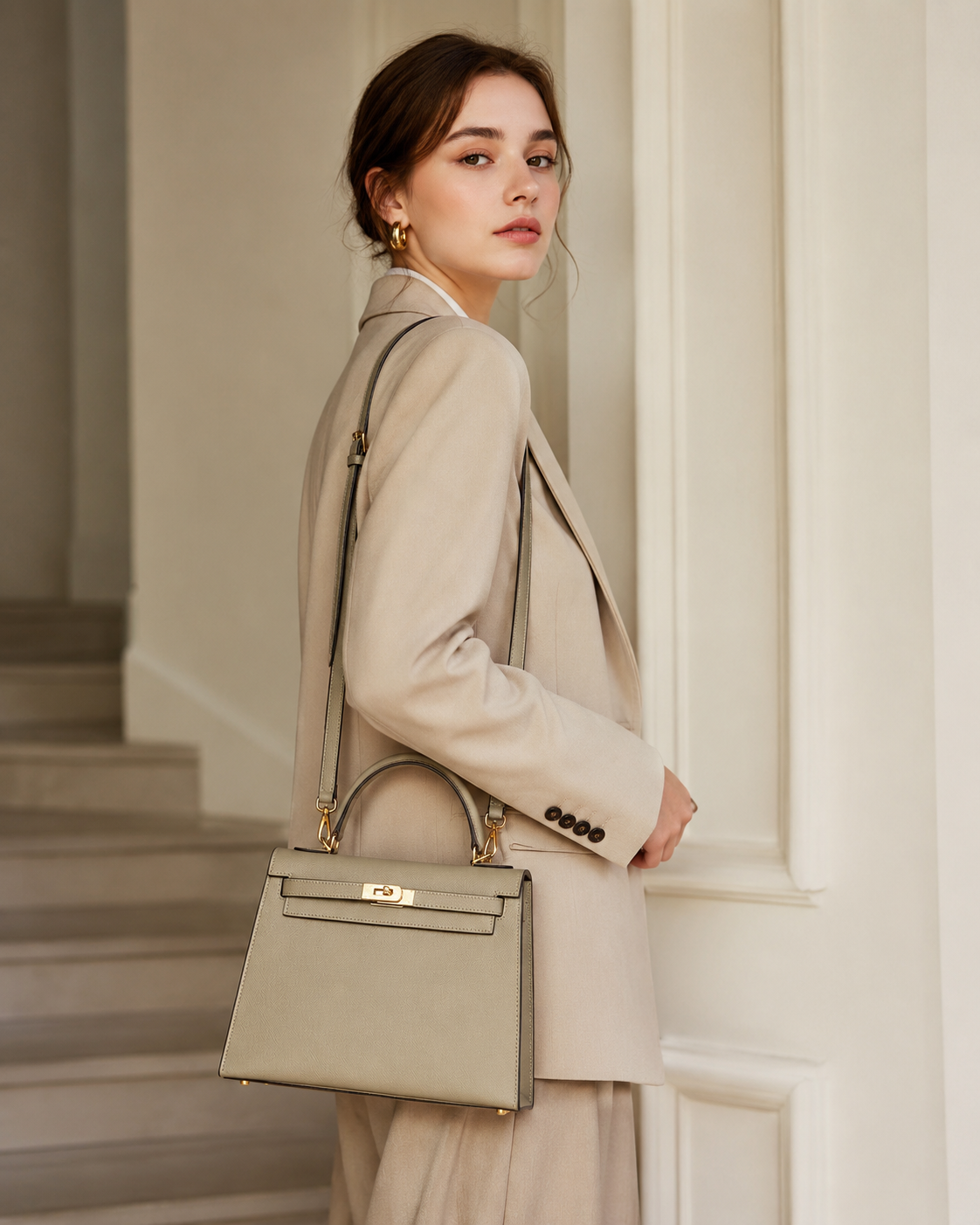 Taupe Lock Top Handle Bag outfit scenario