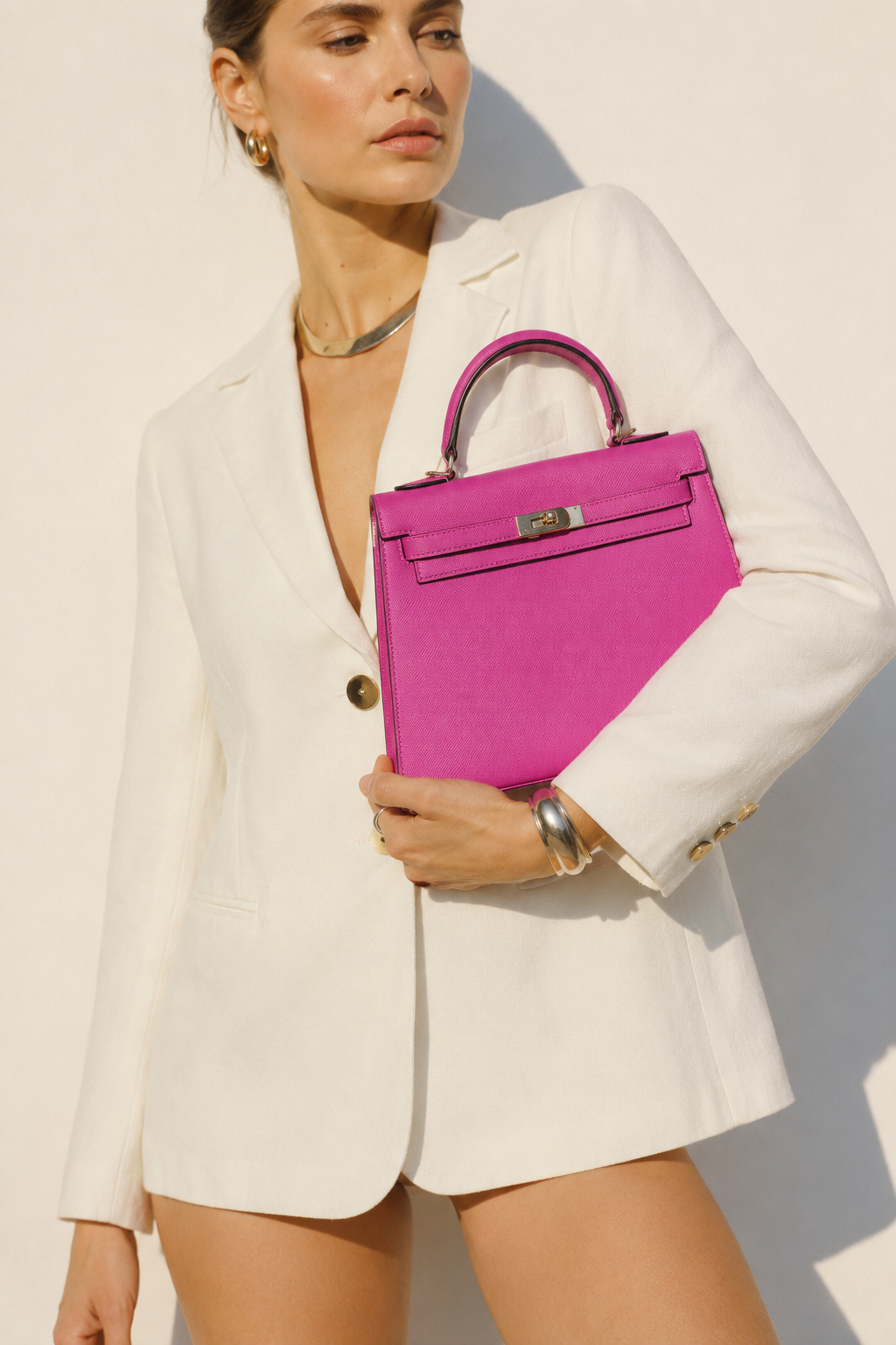Fuchsia Lock Top Handle Bag outfit scenario