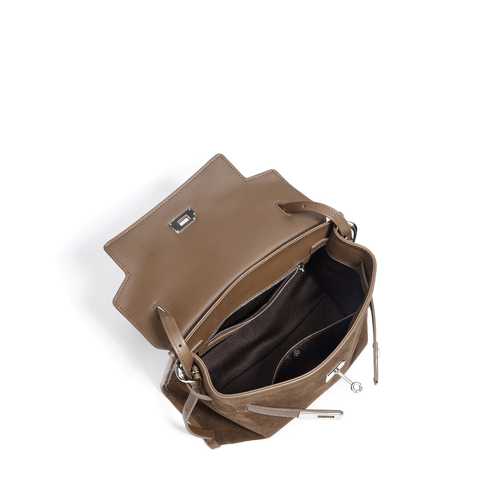 Leather and Suede Mixed Boston Handbag