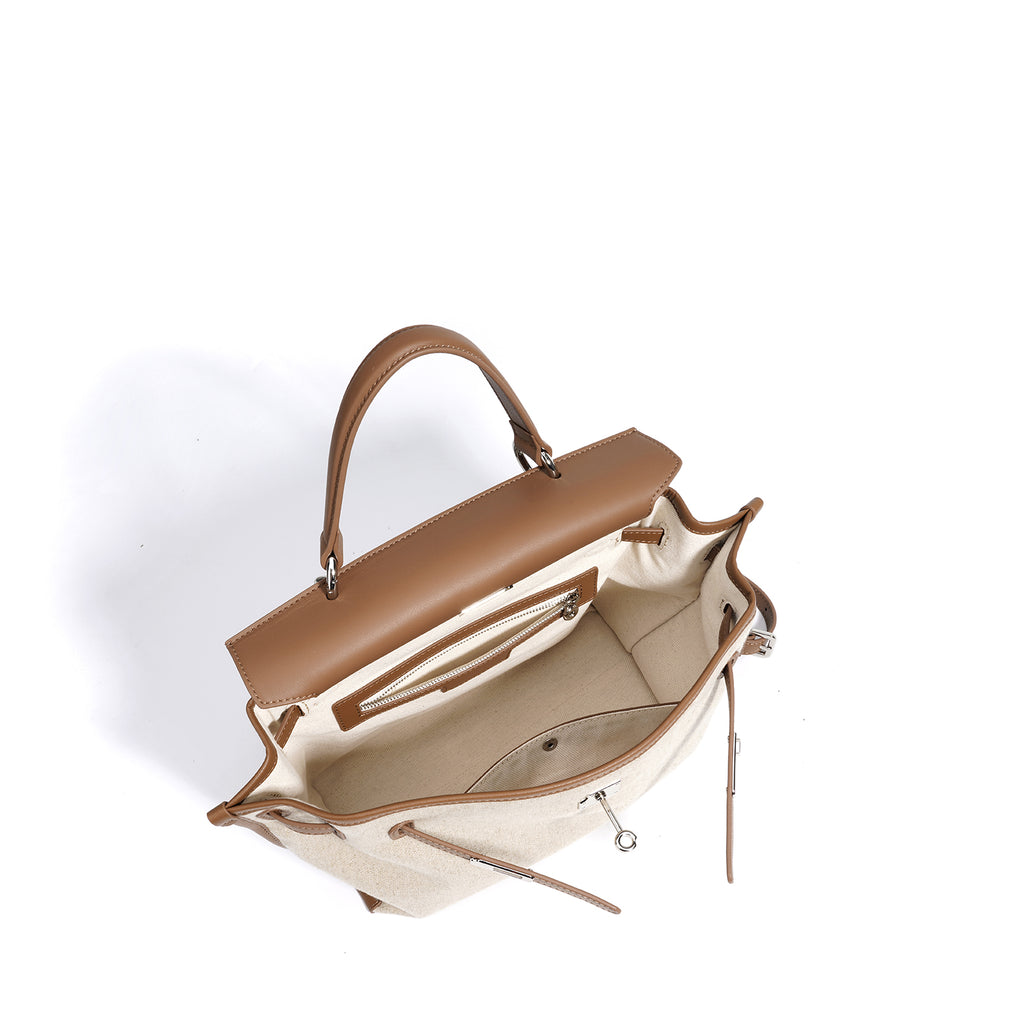 Linen and Leather Splicing Satchel Bag