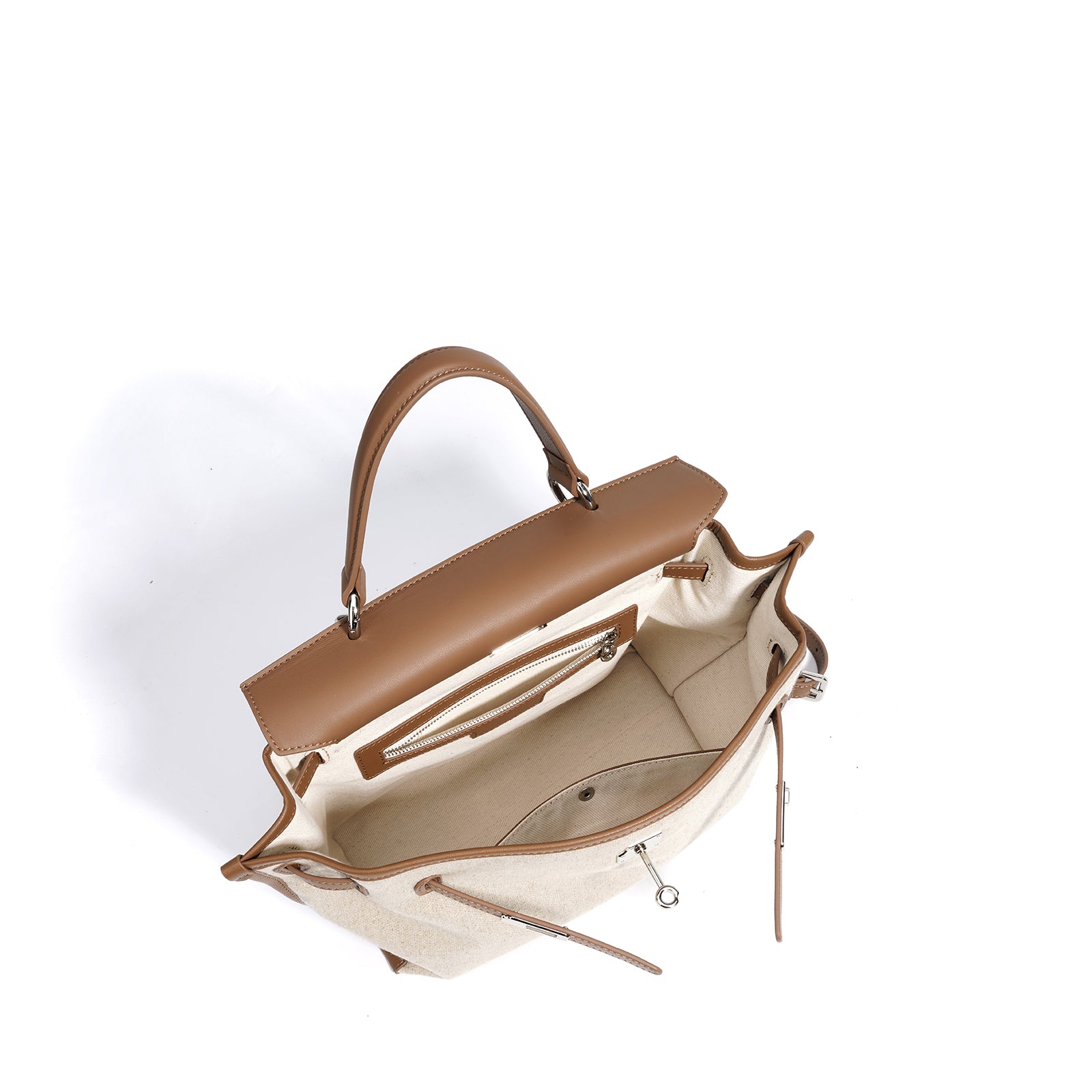 Linen and Leather Splicing Satchel Bag