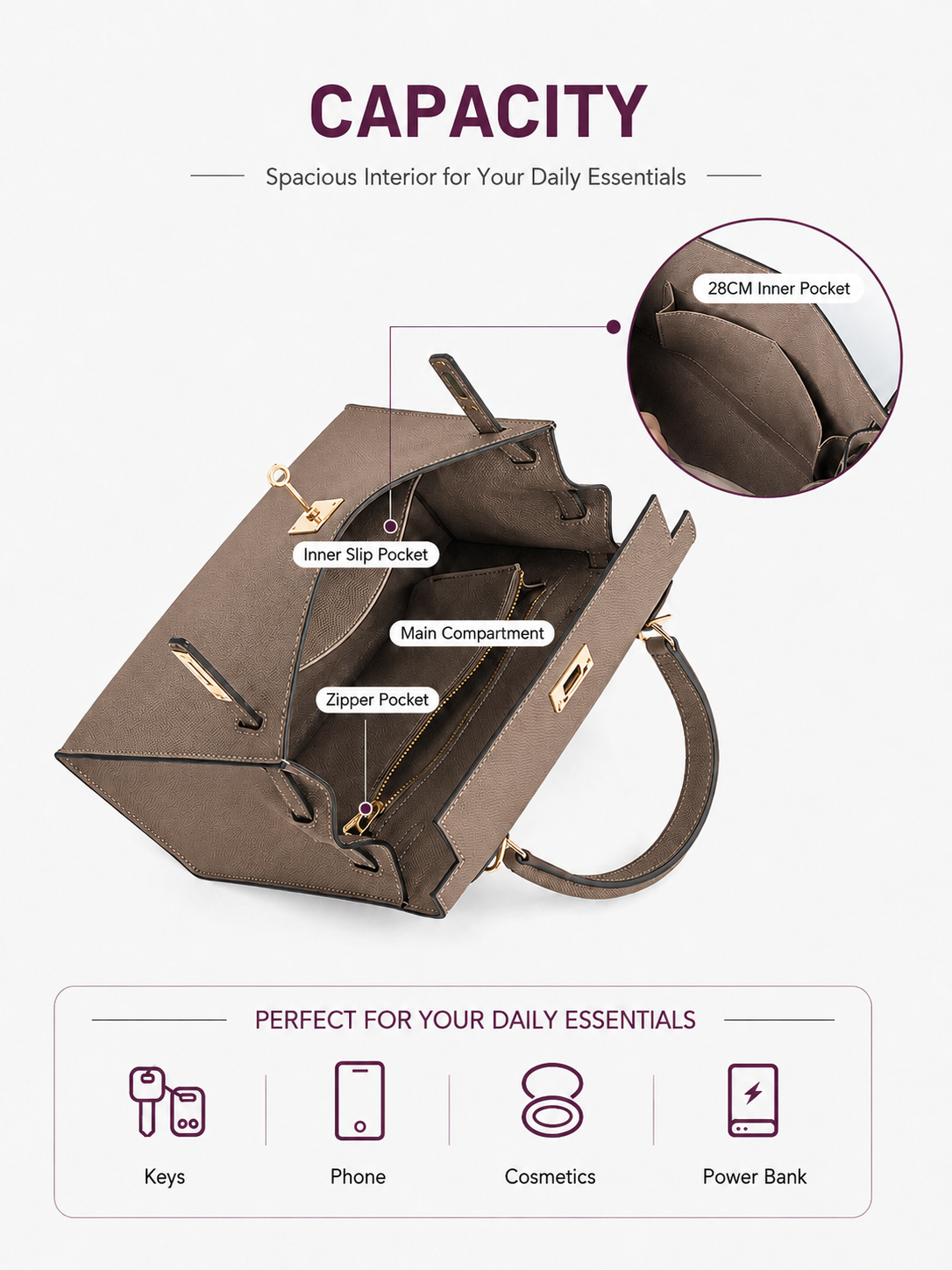 Taupe Lock Structured Top Handle Bag outfit scenario