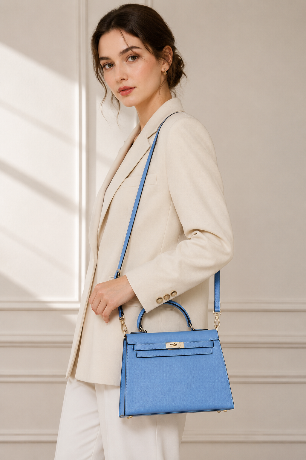 Sky Blue Lock Top Handle Bag outfit scenario
