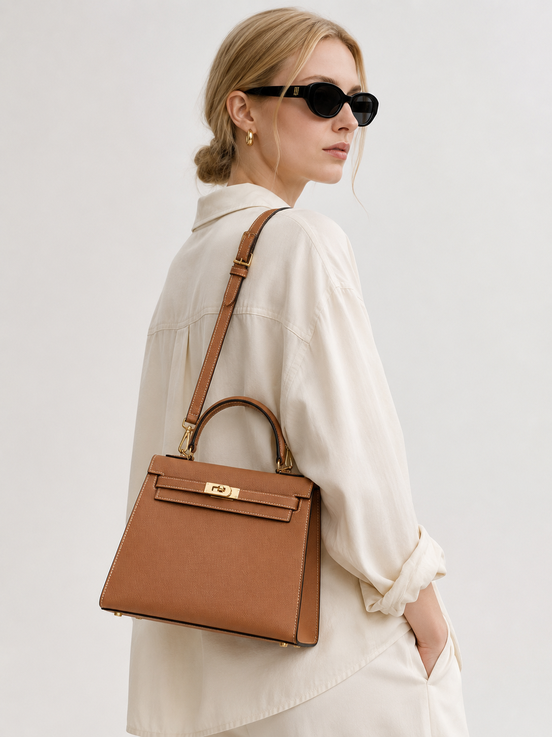 Cognac Lock Top Handle Bag outfit scenario