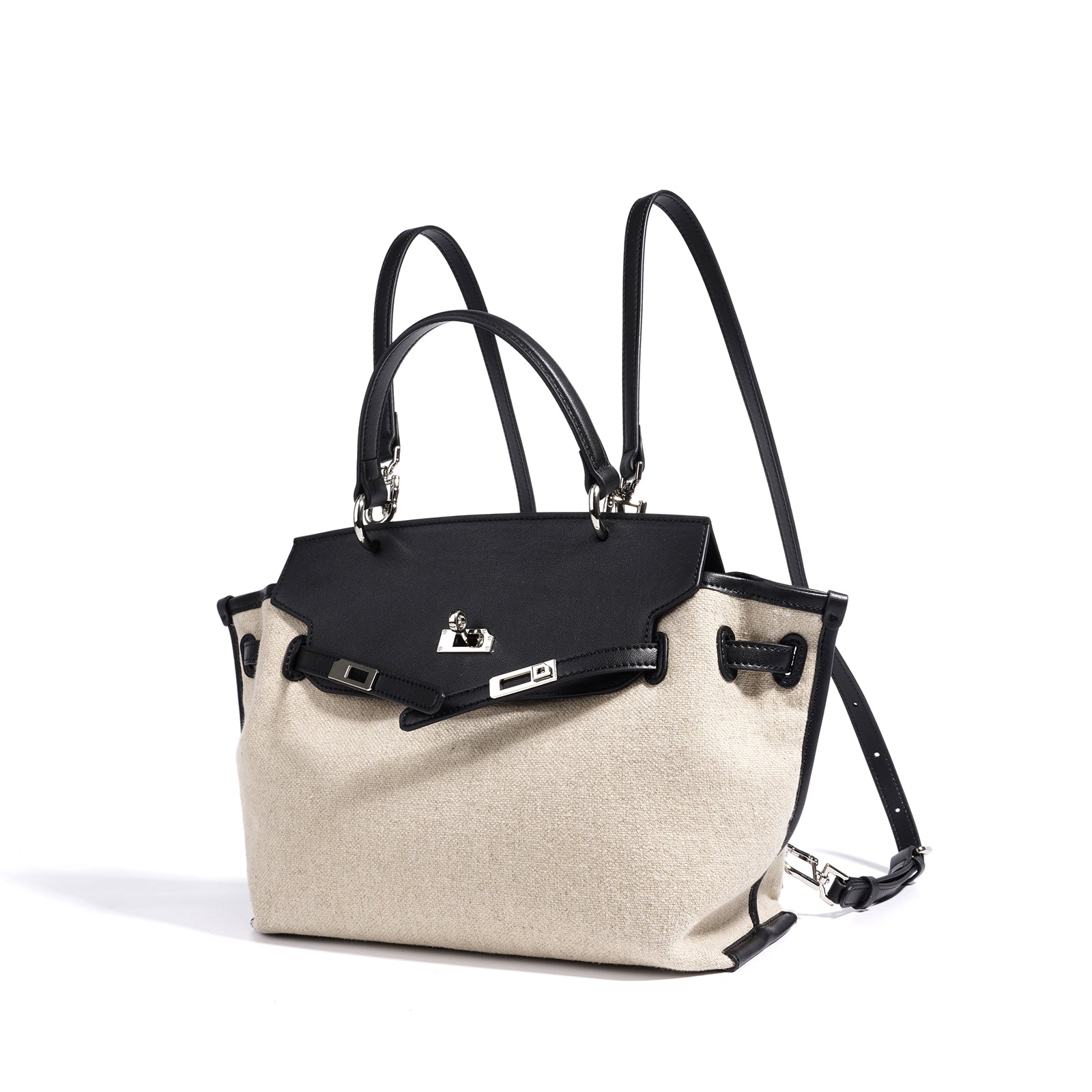 Linen and Leather Splicing Satchel Bag