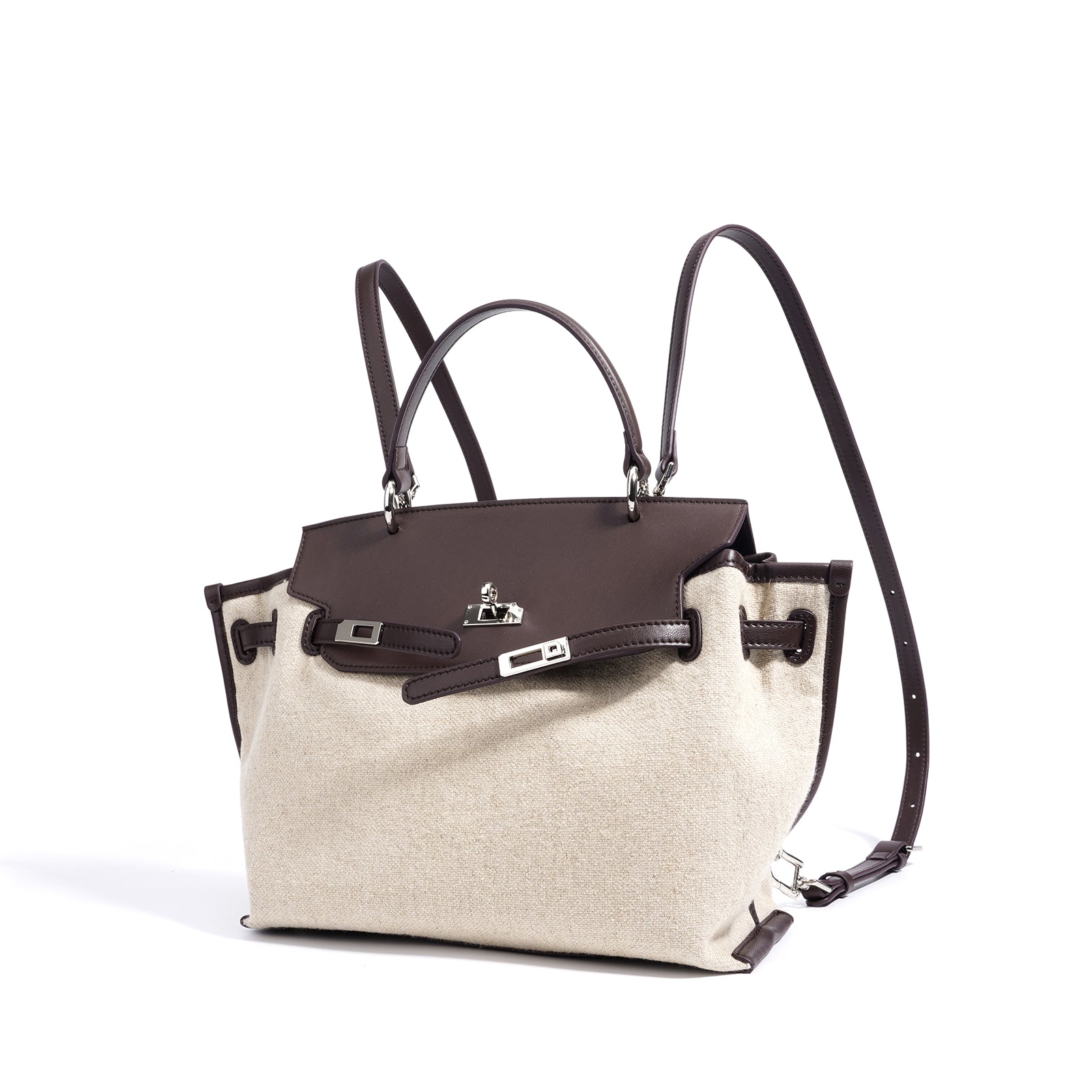 Linen and Leather Splicing Satchel Bag