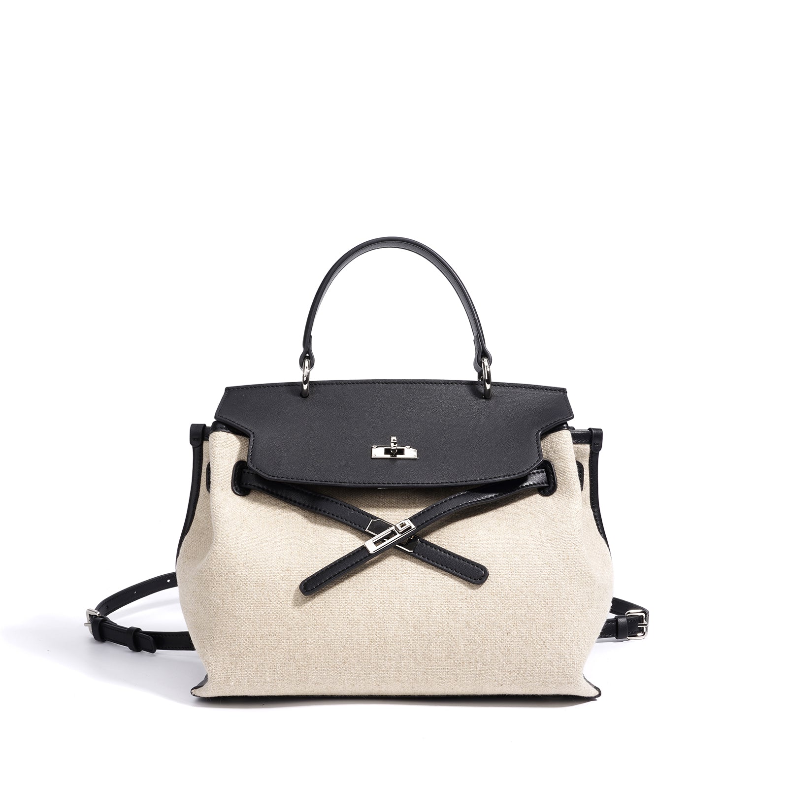 Linen and Leather Splicing Satchel Bag