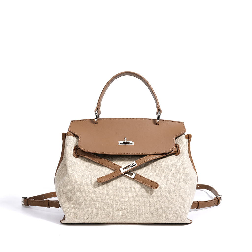 Linen and Leather Splicing Satchel Bag