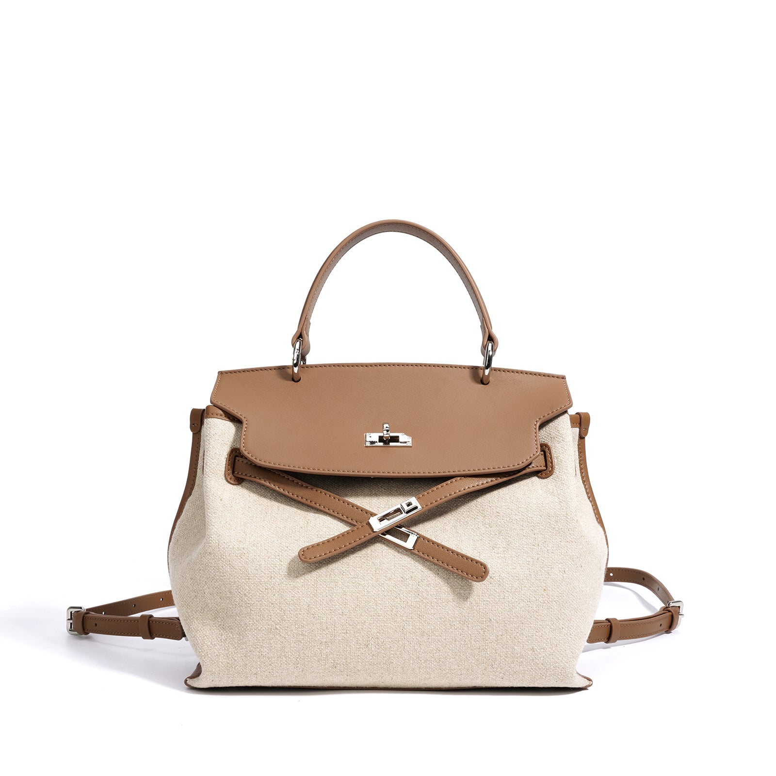 Linen and Leather Splicing Satchel Bag
